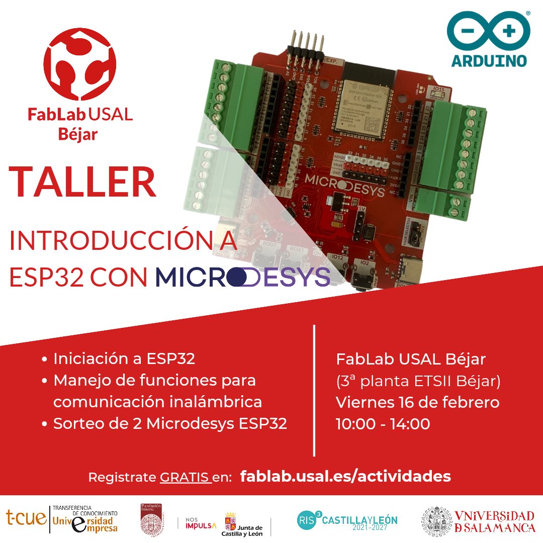 ¡Descubre el poder de Microdesys ESP32 y explora sus infinitas aplicaciones! 🚀

📝forms.gle/ER1UgCQ92hhGSE…
📆 16 feb
⌚ 10-14h
🌍FabLab USAL Béjar
❗portátil propio

#ESP32 #Microdesys #Arduino #IngenieríaIndustrial

@etsii_bejar @fgusal @fablabusal @usal @Didactronica