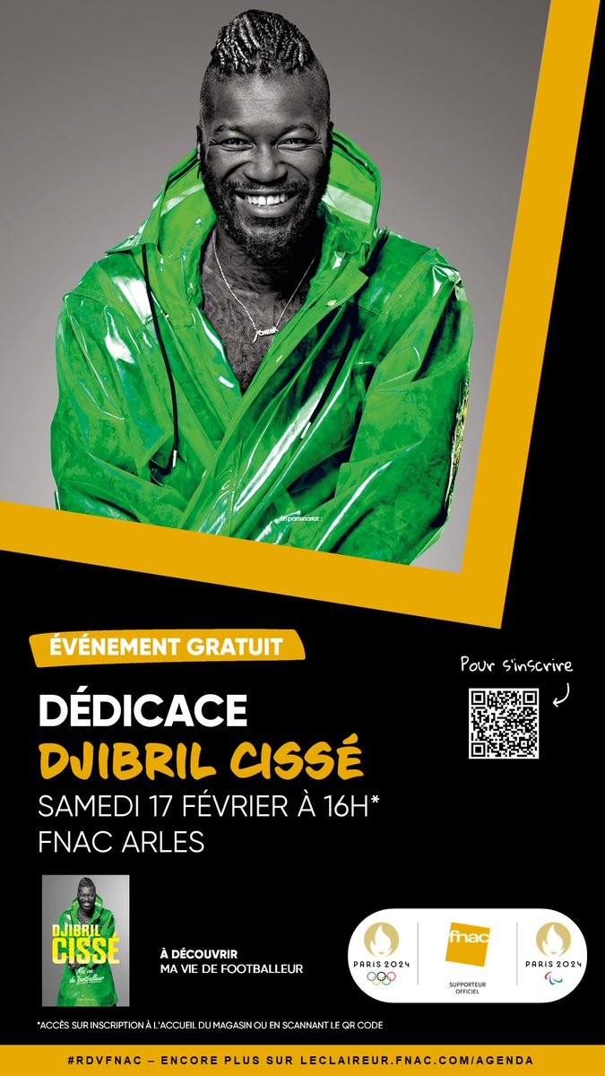 ✍️ Arlésiens, arlésiennes, rendez-vous samedi à la @Fnac d'Arles pour un moment de rencontre, d'échanges et de dédicaces avec @DjibrilCisse pour son livre, 𝗠𝗮 𝘃𝗶𝗲 𝗱𝗲 𝗳𝗼𝗼𝘁𝗯𝗮𝗹𝗹𝗲𝘂𝗿. En savoir plus ⤵️ leclaireur.fnac.com/evenement/cp62…