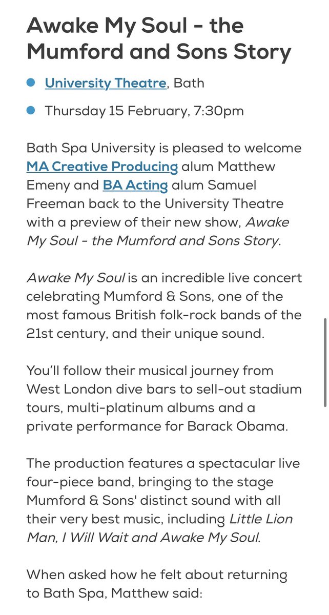 Have you seen the news story for our Feb productions?! We’re flying through the month already!!

#LungWater @jacobhodgkinson 

#AwakeMySoul

#BathSpaProductions #BathSpaProud 

Read the full story here: bathspa.ac.uk/news-and-event…