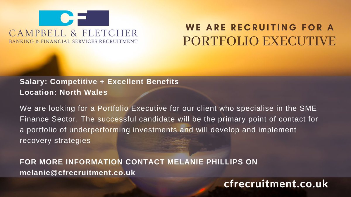NEW ROLE - We are recruiting for PORTFOLIO EXECUTIVE for our client based in North Wales. For more information visit cfrecruitment.co.uk
#financejobs #portfolioexecutive #talentattraction