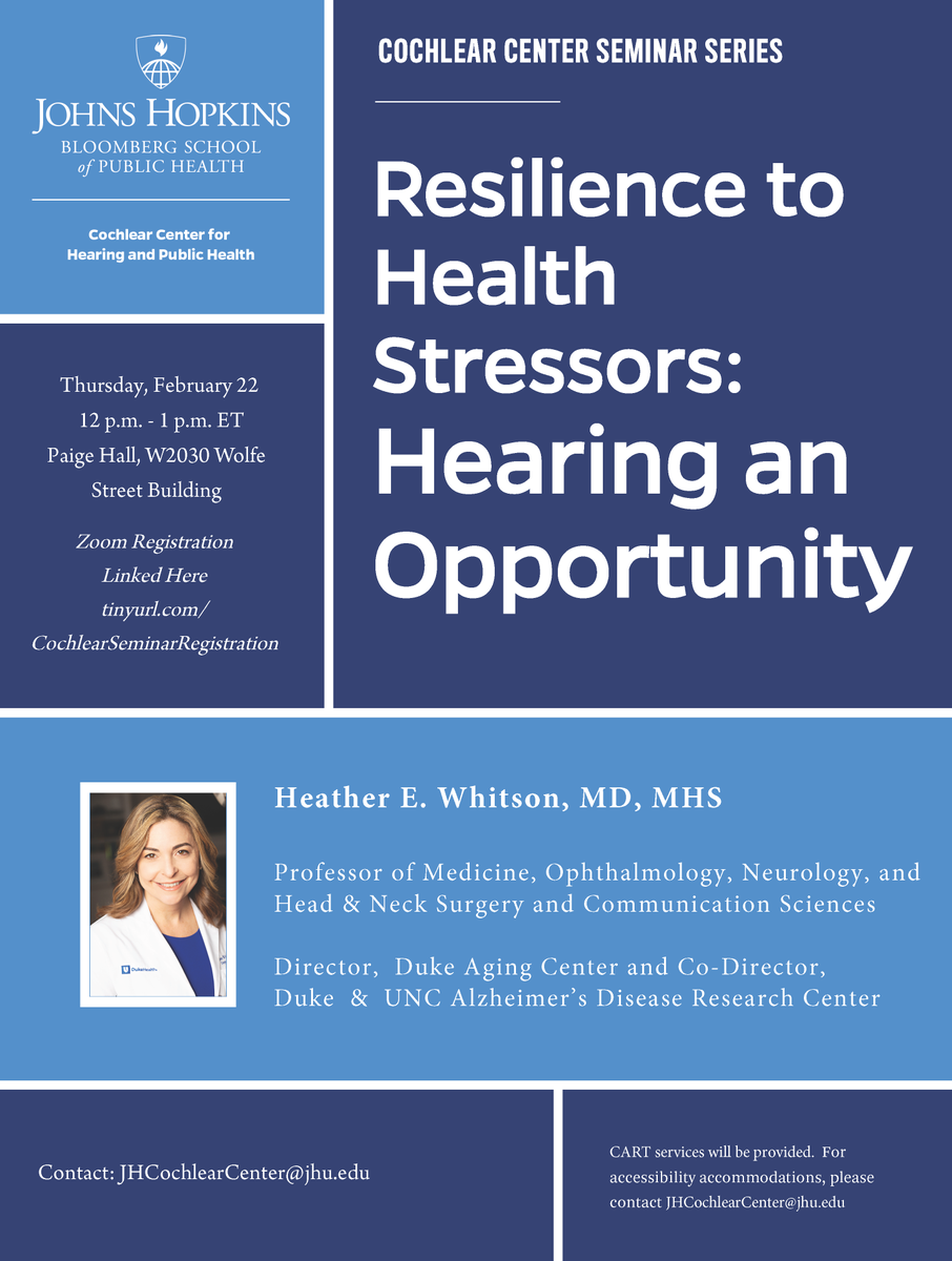 JHU Cochlear Center for Hearing and Public Health (@jhsph_hearing) on Twitter photo Reminder: at noon ET today (Feb 22) join us for @heather_whitson of <a href="/Duke_UNC_ADRC/">Duke-UNC ADRC</a>, presenting "Resilience to Health Stressors: Hearing an Opportunity"
More info & registration: bit.ly/3FAnRQZ
See you there! Reminder: at noon ET today (Feb 22) join us for @heather_whitson of <a href="/Duke_UNC_ADRC/">Duke-UNC ADRC</a>, presenting "Resilience to Health Stressors: Hearing an Opportunity"
More info & registration: bit.ly/3FAnRQZ
See you there!