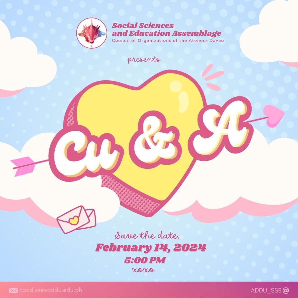ADDU_SSE's tweet photo. 𝐀𝐭𝐞𝐧𝐞𝐚𝐧𝐬, 𝐋𝐨𝐯𝐞 𝐢𝐬 𝐢𝐧 𝐭𝐡𝐞 𝐚𝐢𝐫!💌

Join us for 𝐂𝐮&amp;𝐀 on Valentine's Day, where Cupid will ask you questions!

Get your hearts ready and kick off the heartfelt session with COA-D Social Sciences and Education Assemblage. 💝 https://t.co/kMZGovxXX2