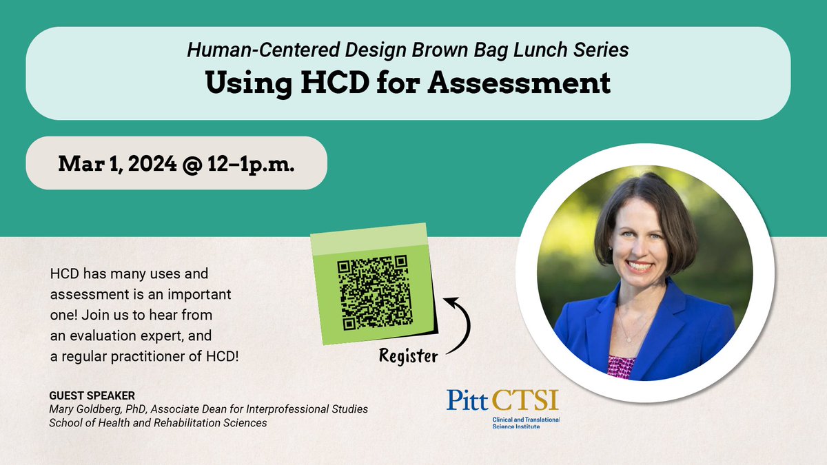 .@MaryGoldbergPhD is the next speaker for the #HCD Brown Bag Lunch Series - happening tomorrow! Dr. Goldberg is an evaluation expert & will share how #HumanCenteredDesign can be used as an assessment tool. Register for this zoom meeting: pitt.zoom.us/meeting/regist…