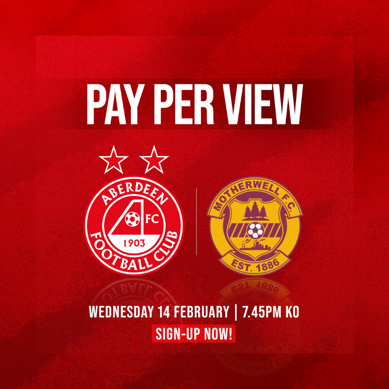 AberdeenFC's tweet photo. Can’t make it to Pittodrie on Wednesday night?  

A Pay-Per-View option will be available for our match against Motherwell 📺