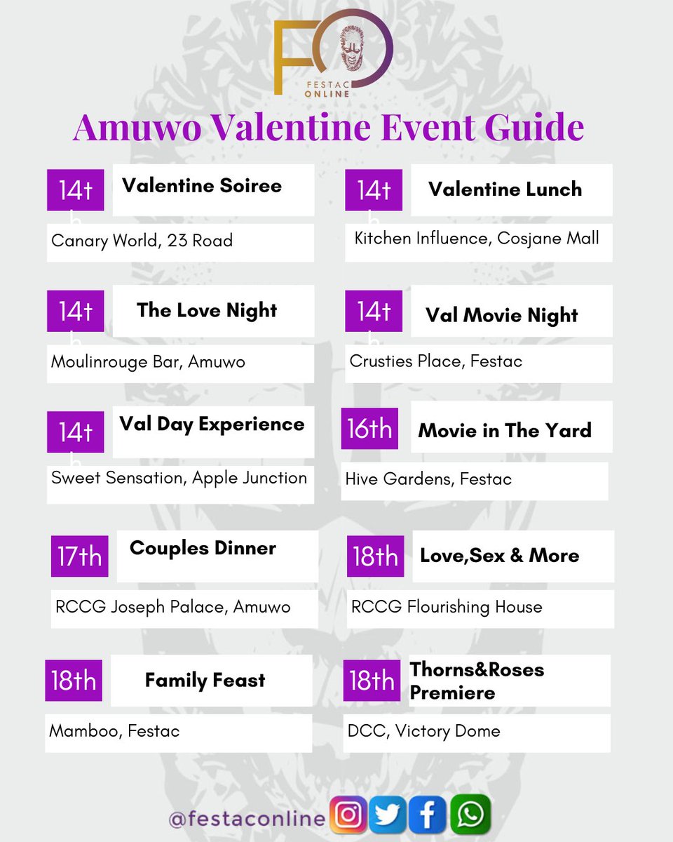 Looking for events and Activities in Amuwo, This Valentine’s? Oya we got you covered. We have collated a guide for you of Fun stuff happening in Amuwo this week of ❤. How many would you attend? Tag your neighbours an or even your val 😉 Which event did we miss ? Tell us