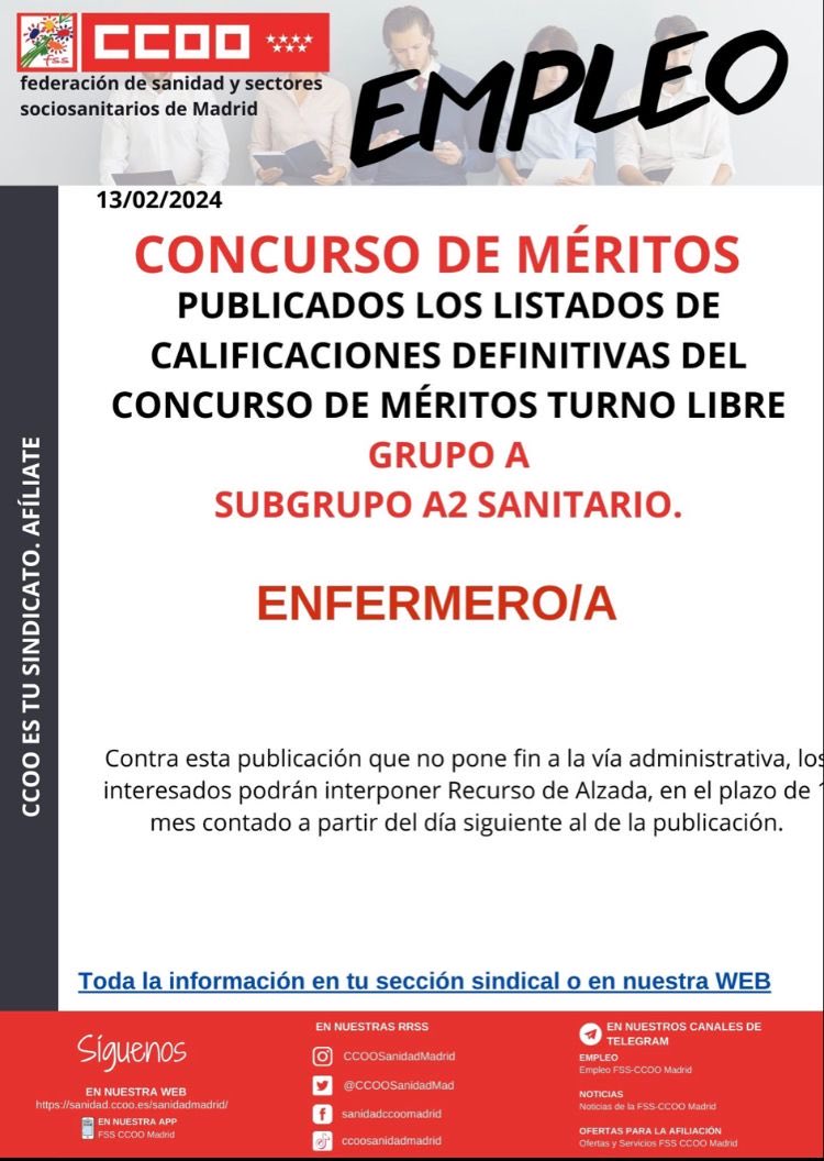 Publicado el listado definitivo del concurso de méritos de Enfermero/a #SERMAS #RMER