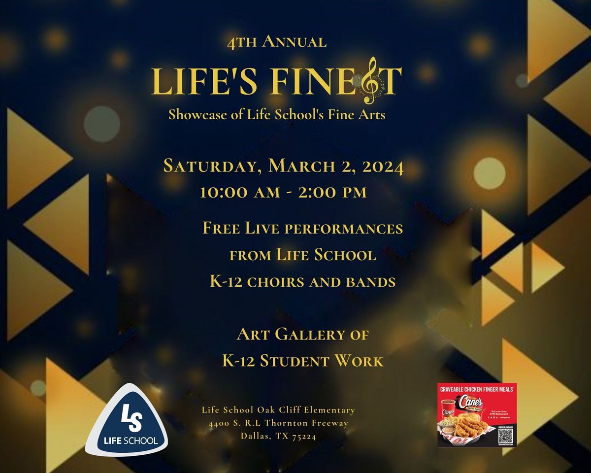 Mark your calendar to attend Life’s Finest on Saturday, March 2 from 10AM to 2PM at Life School Oak Cliff Elementary! 🎶 🎺 📯 🎷 
This event showcases Life School fine arts students from across the district. We look forward to seeing you there!