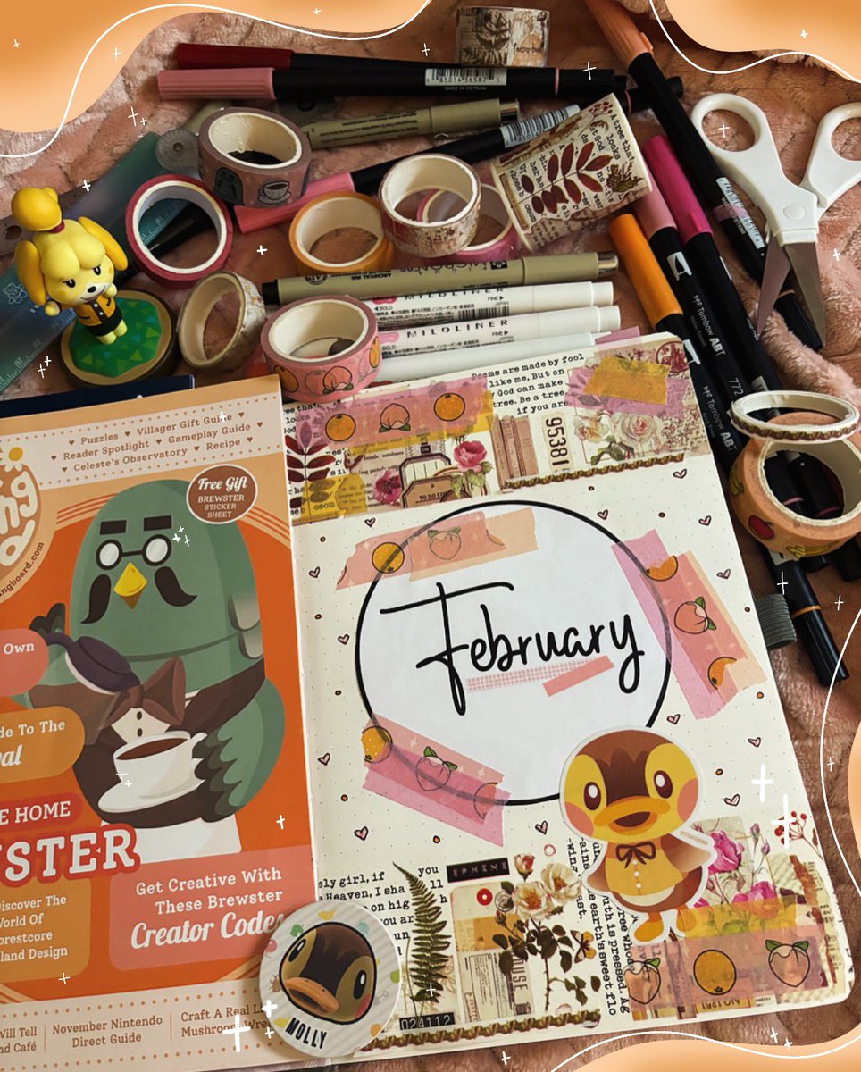 honeybunbean's tweet image. february journal | 🦆🍊🍑 

went for a cute pink/orange animal crossing theme for february this year! absolutely obsessed with the washi tape! 

🏷️ // #journal #journalinspiration #bulletjournal #animalcrossingnewhorizons #AnimalCrossing #journal2024 #acnh #honeybunbean