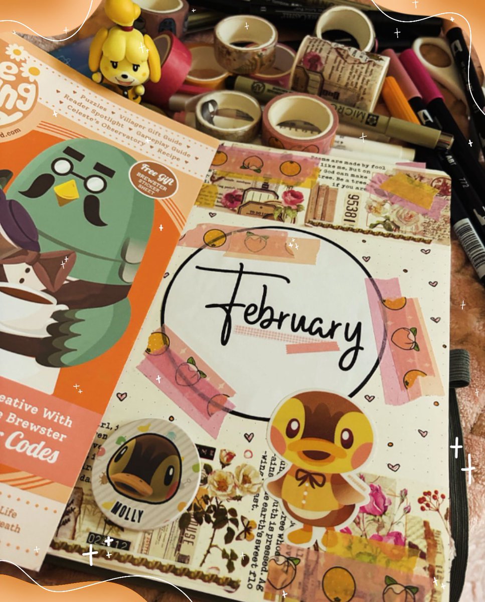 honeybunbean's tweet image. february journal | 🦆🍊🍑 

went for a cute pink/orange animal crossing theme for february this year! absolutely obsessed with the washi tape! 

🏷️ // #journal #journalinspiration #bulletjournal #animalcrossingnewhorizons #AnimalCrossing #journal2024 #acnh #honeybunbean
