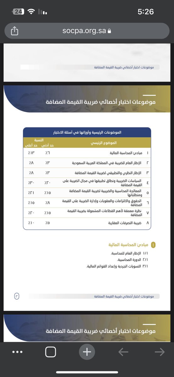 تم تحديد وزن ونسبة الاسئلة الواردة في موضوعات كل اختبار  من اختبارات الشهادات المهنية من قبل الهيئة السعودية للمحاسبين والمراجعين القانونيين.

وسيتم تطبيقها ابتداءً من اختبار الدورة الثالثة 2024م

👇👇موضوعات منهج شهادة ضريبة القيمة المضافة..

#اختبار_ضريبة_القيمة_المضافة