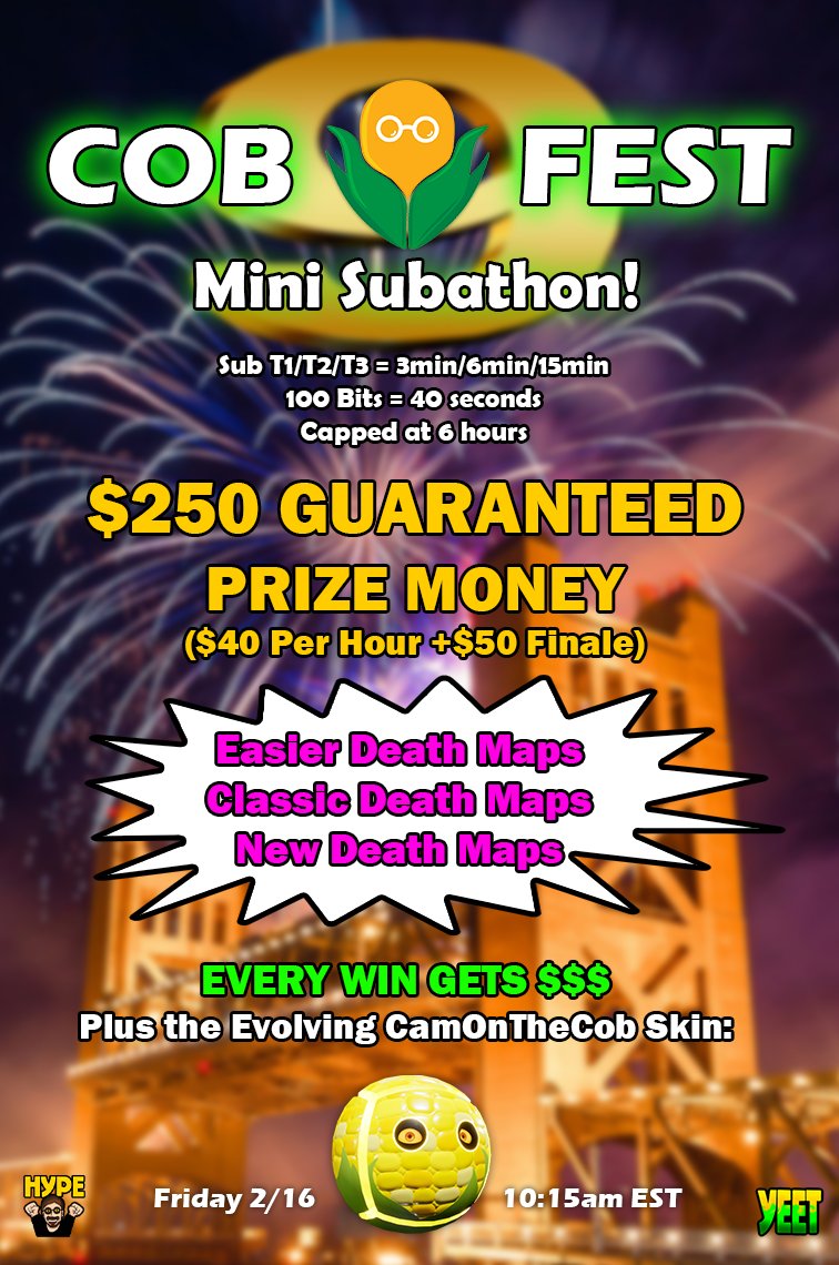 CamOnTheCob's tweet photo. IT'S HAPPENING! This Friday is CobFest, and we're giving out $250 guaranteed prize money plus 10 CamOnTheCob marble skins on the Twitch stream. See you there! 🎉🥳 https://t.co/KFFinNsLsA