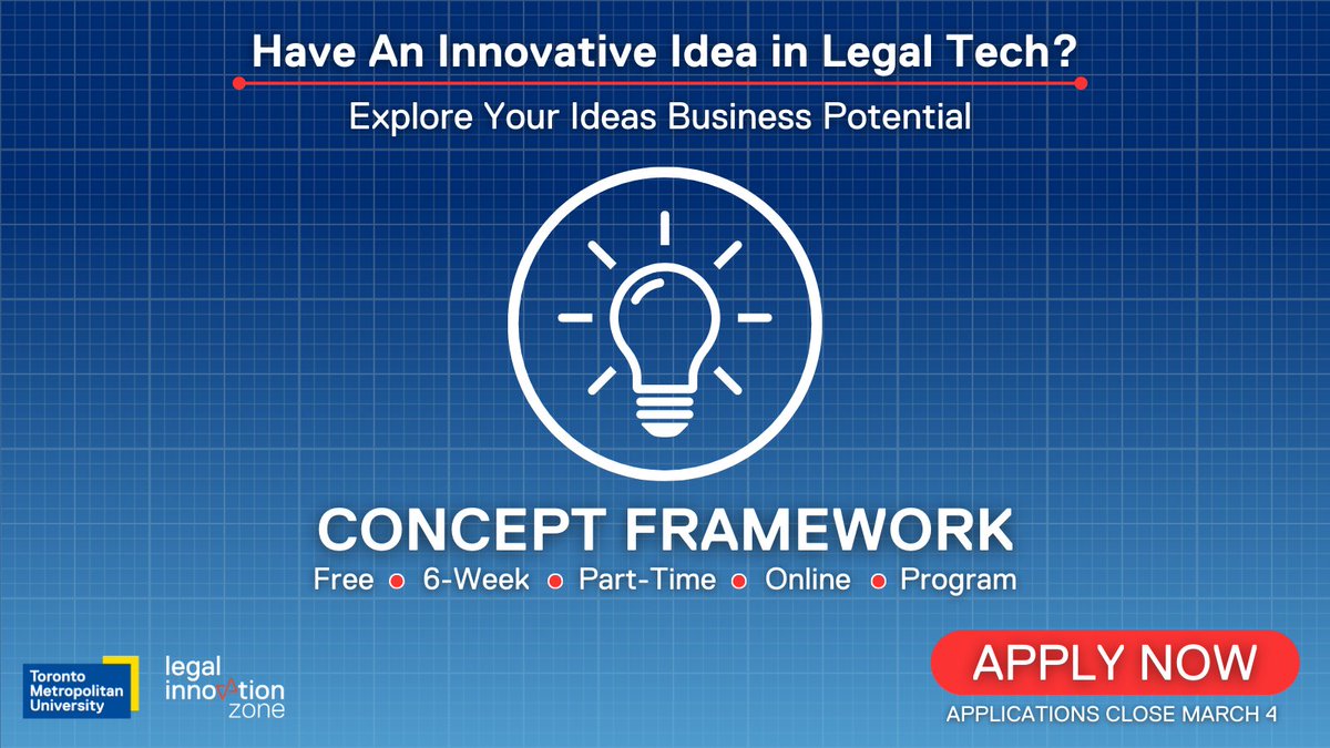 Are you an aspiring entrepreneur with an innovative #legaltech idea?💡

Validate your idea &amp; explore what it takes to build a #LegalTechCompany with #ConceptFramework, a free, interactive, online program!

Learn more &amp; apply: bit.ly/Concept-Framew…