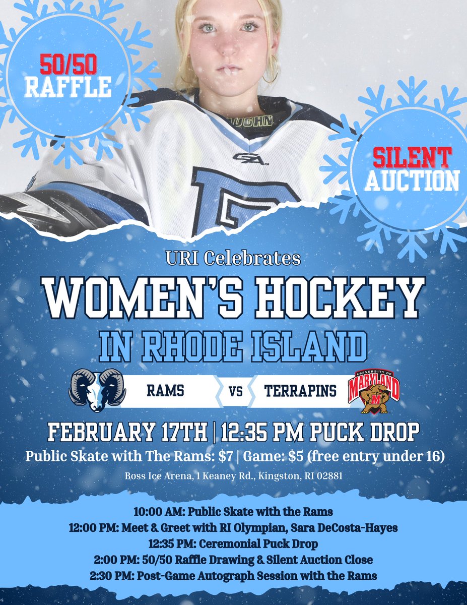 This Saturday, URI Women's Hockey will be celebrating women's hockey in Rhode Island! Come down to the Boss Ice Arena starting at 10 am for festivities featuring Olympian Sara DeCosta-Hayes!