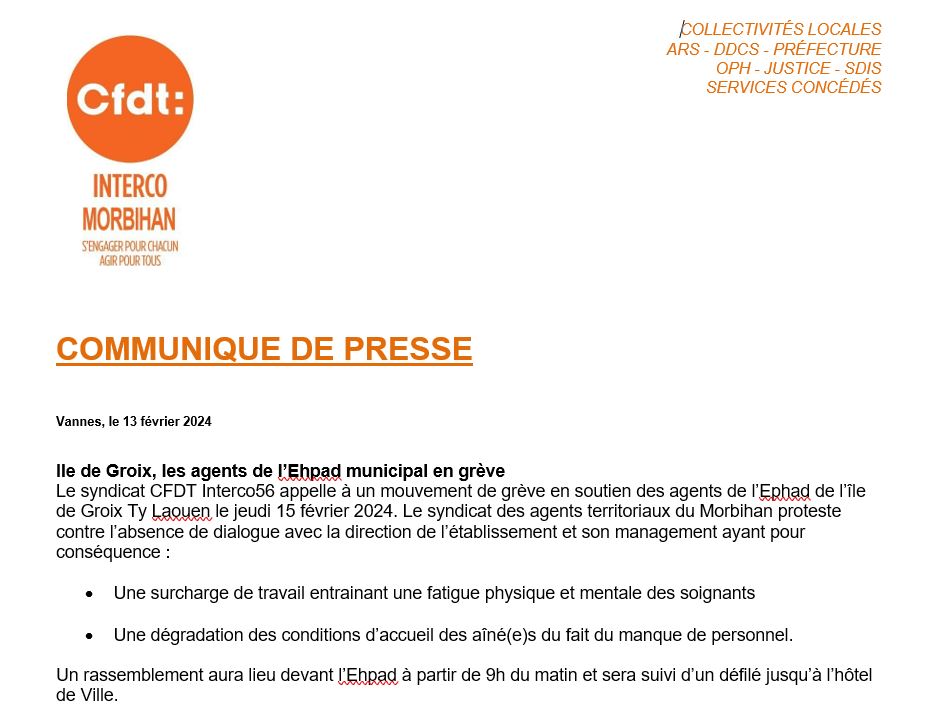 CFDT_INTERCO_56's tweet photo. Ile de Groix - Morbihan :
🦺 Le syndicat CFDT Interco56 appelle à un mouvement de grève en soutien des agents 🧑🍳👩⚕️🦽 de l’Ehpad de l’île de #groix le jeudi 15 février 2024
#greve
#lorient
#iledegroix
#Morbihan
#Bretagne
#collectivites
#fonctionpublique
#cfdt
@cfdtbretagne https://t.co/AeOJtKUnjl