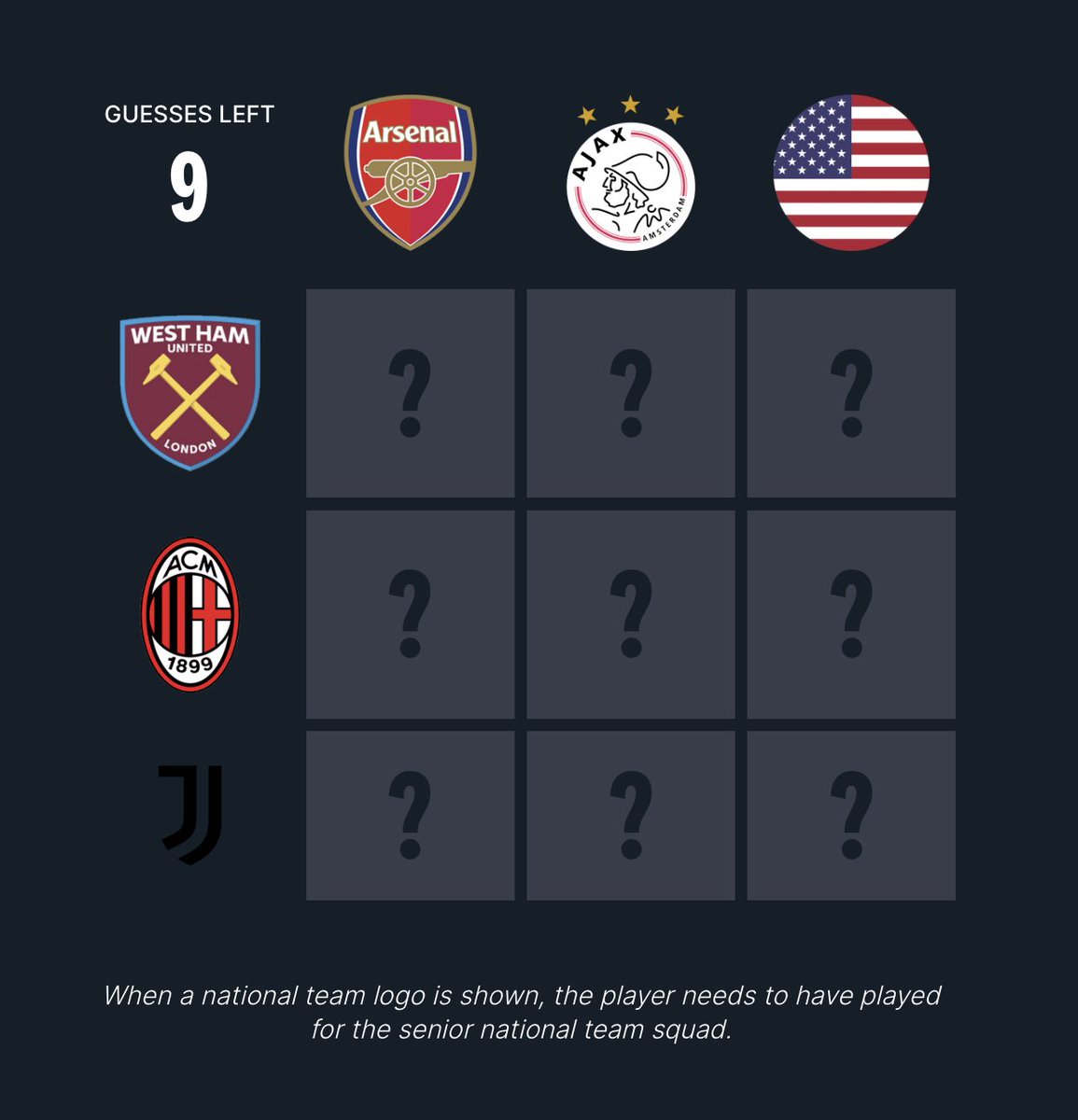 ⚽️ Football Grid #191

Play here: acmomento.com/football-grid                                  

Quote RT or Reply with your scores! #footballgrid