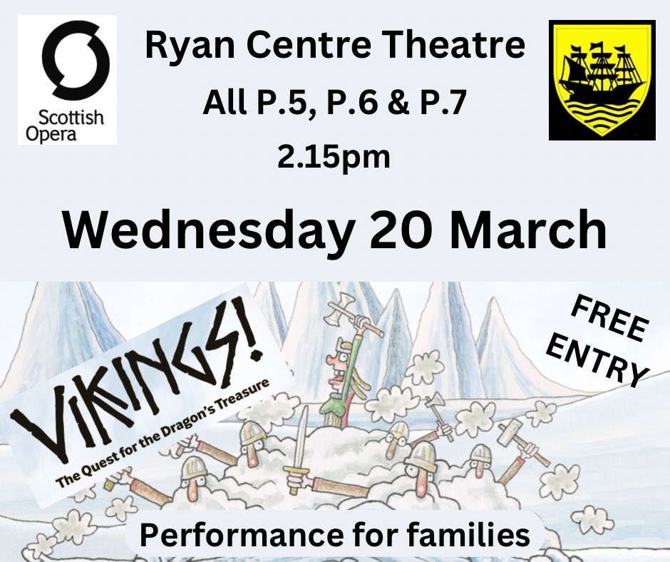 Belmont_PS's tweet photo. Save the date parents/carers of children in P.5-7! There will be costumes, singing, drama and storytelling. Family members are invited to watch the final performance in The Ryan Centre Theatre. @DGCYMI @ScottishOpera https://t.co/2tT4YfImbC