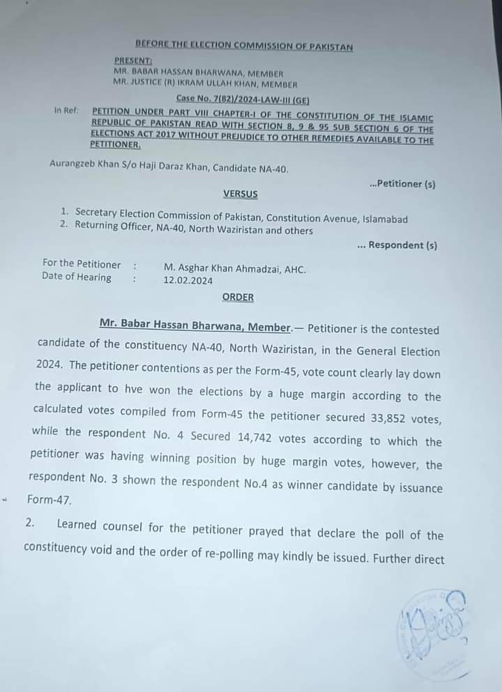 aurangzaibwazir's tweet photo. الحمدوللہ 
الیکشن کمیشن آف پاکستان نے حلقہ NA-40کے حوالے سے فارم 45 کے مطابق پورے حلقے کے ووٹوں کی دوبارہ گنتی کا حکم جاری کر دیا ہے۔ مزید یہ کہ پورے حلقے کی دوبارہ گنتی سے قبل کوئی سرکاری یا حتمی نتیجہ جاری نہیں کیا جائے گا۔ https://t.co/4KPptFgTsf