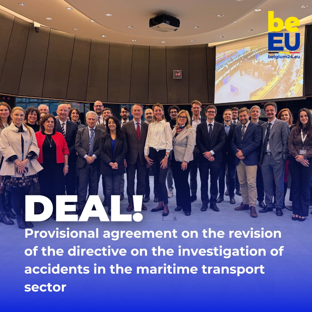 BelgiuminEU's tweet photo. 🛳️ Deal!

@EUCouncil &amp; @europarl conclude a provisional agreement to revise the 2009 directive on the investigation of accidents in the #maritime transport sector.

⚓ This update aims to simplify the existing procedure, so to make maritime journeys in the 🇪🇺 EU safer. Ship ahoy! https://t.co/aAK1ozQdCg
