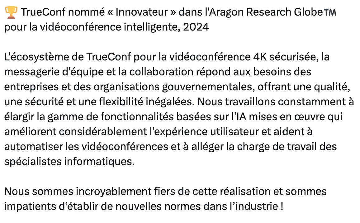 trueconfFR's tweet photo. 🏆TrueConf nommé « Innovateur » dans l'Aragon Research GlobeTM pour la vidéoconférence intelligente - 2024.
Informations: https://t.co/OfVxCEFSke https://t.co/VQ8A8499nS