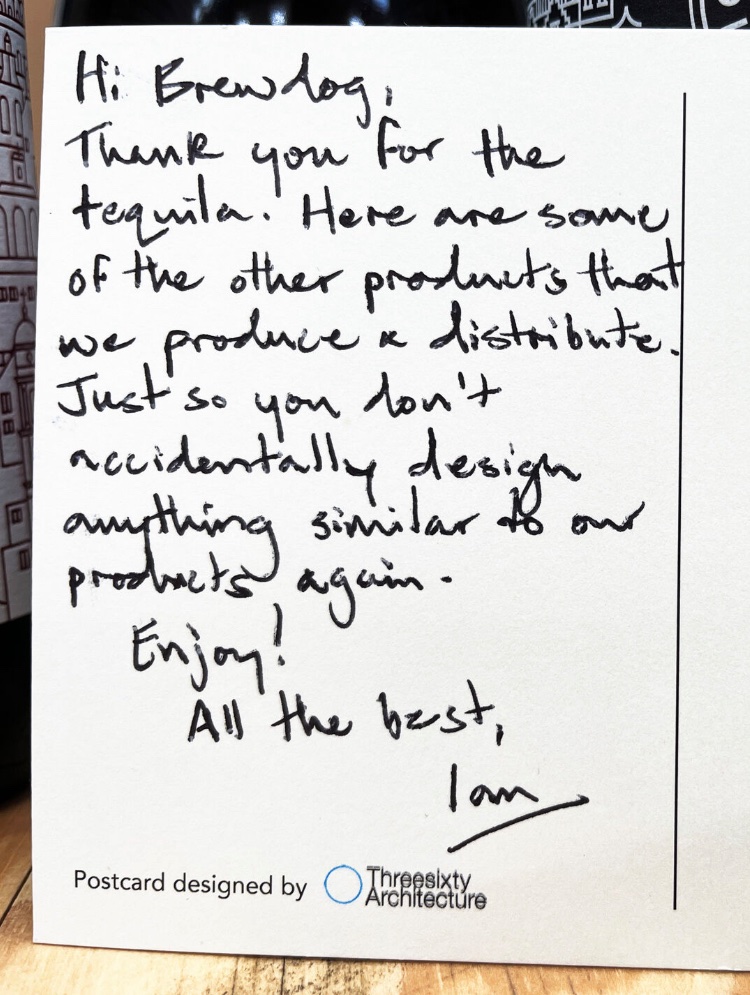 Update: @BrewDog sent a bottle of the tequila to @LindAndLime so now Lind & Lime have returned the favour by sending Brewdog their products with this note…