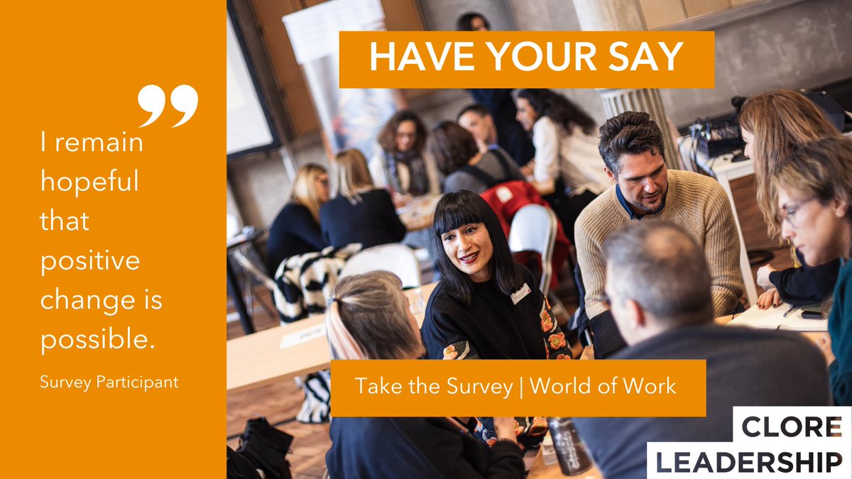 CloreLeadership's tweet photo. Have you taken part in our critical survey into the World of Work yet?

“I remain hopeful that positive change is possible.” Survey participant.

We need your voice to explore &amp; tackle the immense challenges facing the cultural sector. #haveyoursay 

https://t.co/uVFk15Xd1R https://t.co/IkBV8ZsO1d