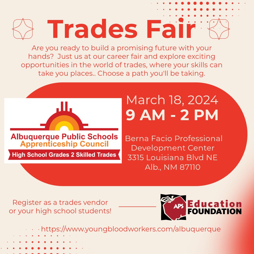 @ABQschools Are you ready to build a promising future with your hands? Join us at our career fair and explore exciting opportunities in the world of trades, where your skills can take you places. This student lead initiative is ready for you aps.edu/education-foun…