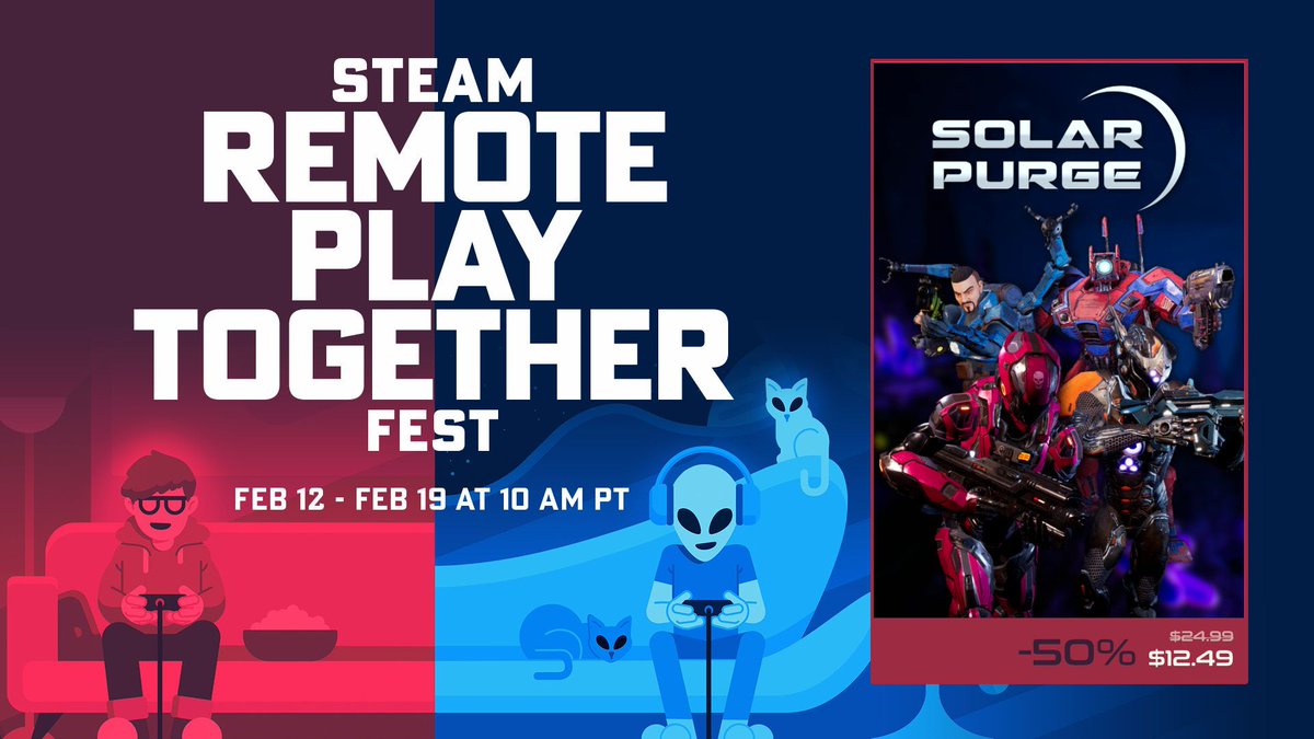 🎮 + 🎮 Need a new #coop game? We've got you covered! Invite a friend (or 3) and start blasting away! 💥 

#SolarPurge is 50% off during the #RemotePlayTogether Fest on #Steam!

▶️ buff.ly/3LZYrPs

#indiegame #lootershooter #arcadeRPG #madewithunreal
