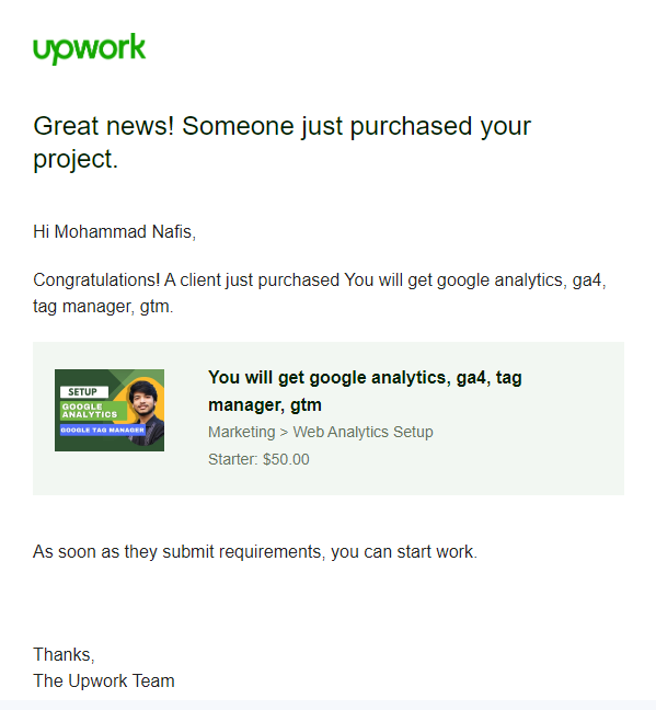 I've received my first project catalog offer on Upwork, and it's all about Google Analytics and Google Tag Manager! 📊

Thrilled to be helping businesses showcase their offerings effectively. Thank you for the opportunity!🌟

#upwork #googleanalytics #googletagmanager #GTM #GA4