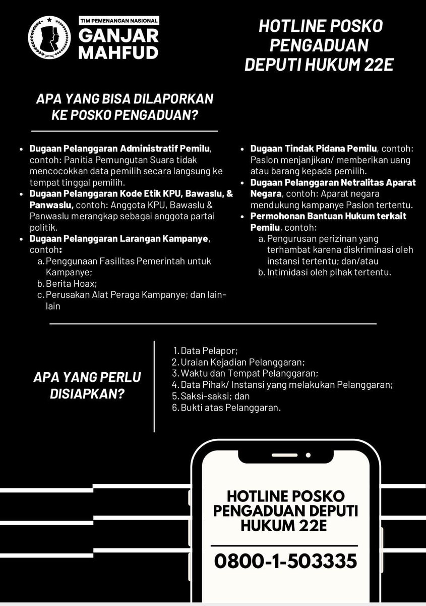 MarahIchsan's tweet photo. Bagi teman-teman yang menemukan KECURANGAN, baik saat di TPS maupun di tempat lainnya. Bisa melaporkan melalui :

No. WA Pengaduan Deputi Hukum TPN di :
081111126333 - 081181331333 - 081112024333 - 081181177333 https://t.co/4NZppiMq7O