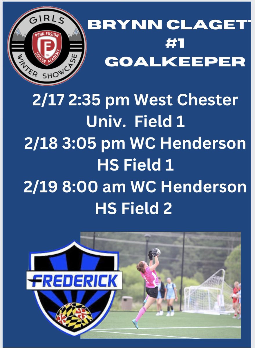 Can’t wait for the Penn Fusion Winter Showcase with my <a href="/FCFrederick/">FC Frederick</a> 08 team this weekend! We would love to see you on the sidelines! 
<a href="/ImYouthSoccer/">ECNL/GA/Recruiting/College Soccer</a> <a href="/ImCollegeSoccer/">College Soccer Truth ™</a> <a href="/TheSoccerWire/">SoccerWire</a> <a href="/GIK_FemaleHUB/">Her Goalkeeper Hub</a>