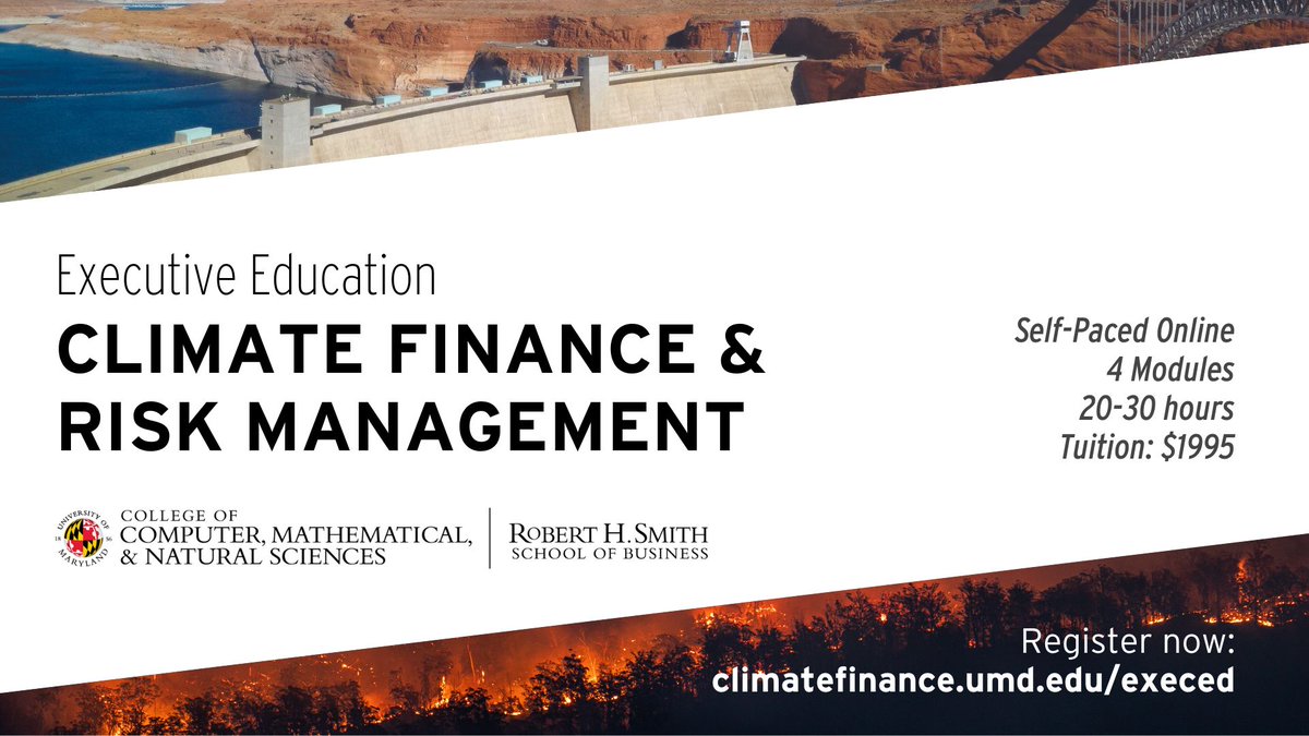 Our interdisciplinary Climate Finance and Risk Management course w/ @SmithSchool is designed by faculty experts to deliver #ClimateChange and #RiskMitigation expertise to business leaders. Register: climatefinance.umd.edu/execed