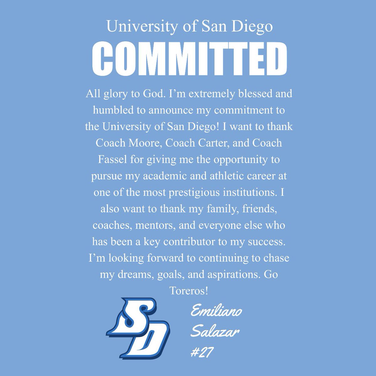 COMMITTED to the University of San Diego! #GoToreros