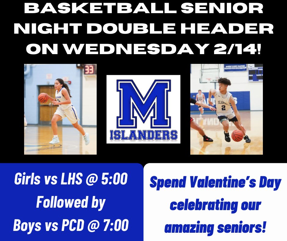 Due to today's snow day, a little change of plans for Boys & Girls Basketball Senior Nights. Tomorrow will be a Senior Night Doubleheader! #WeareIslanders
@Mrs_D_Sweet @WeareMiddletown
