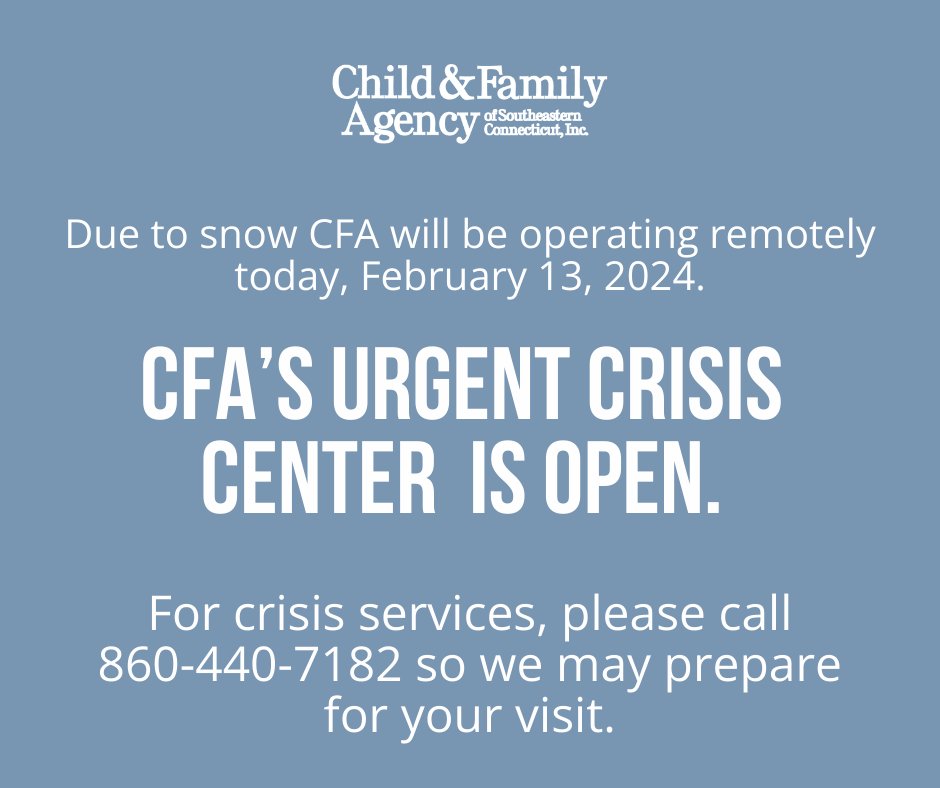 A Crisis Clinician will be available at 860-440-7182. CFA's Urgent Crisis Center will be open to children and teens experiencing a mental health emergency. Call us at 860-440-7182 to learn more. 

📍Urgent Crisis Center
255 Hempstead Street, New London, CT 06320.