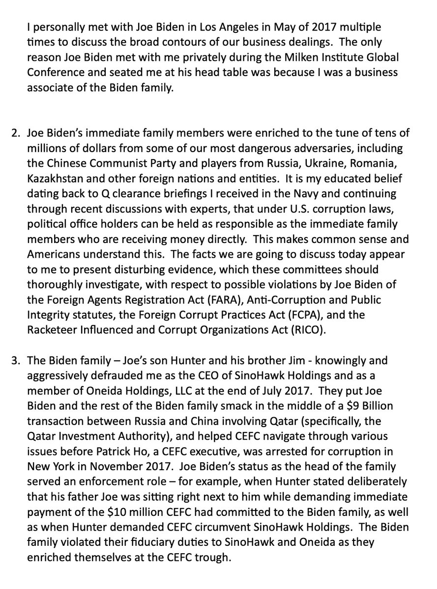 BREAKING:💰'Joe Biden was more than a participant in and beneficiary of his family’s business; he was an enabler, despite being buffered by a complex scheme to maintain plausible deniability' — Tony Bobulinski, the BIG GUY's business partner, told investigators in his opening…