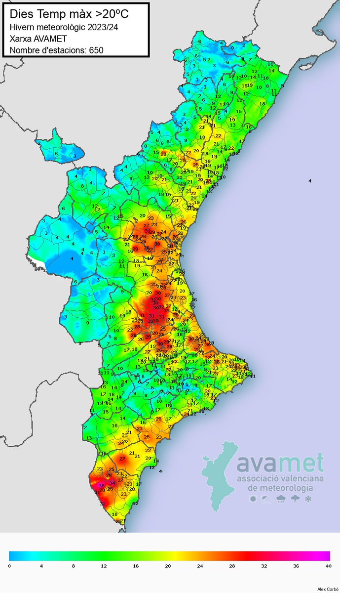 Portem 74 dies d'hivern meteorològic. A 13/02, quants dies d'hivern la temperatura ha superat els 20 °C?

En este mapa podeu vore la distribució detallada. Trobem zones amb més de 30 dies a l'interior del Baix Segura i al prelitoral del golf de València (sobretot Ribera Alta). 👇