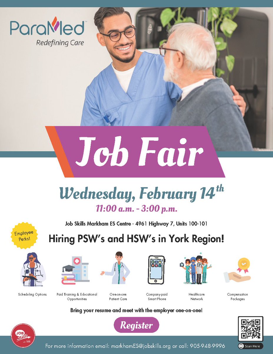 JobSkillsOrg's tweet photo. JOIN US TOMORROW!

Job Skills and ParaMed have partnered to host a Hiring Event!

Visit the MarkhamJob Skills office on February 14 from 11am - 3pm and apply for PSW and HSW positions. Bring your resume and apply in person!

REGISTER HERE: https://t.co/N5IExtb2Qd
Edited · 1w https://t.co/cvcUTYAjmj