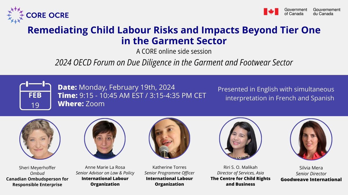 Join the CORE, the @ilo , @childrightsbiz and @GoodWeave to discuss tools and best practices for garment companies to mitigate the risk of child labour in their supply chain. Register for free: us02web.zoom.us/webinar/regist…