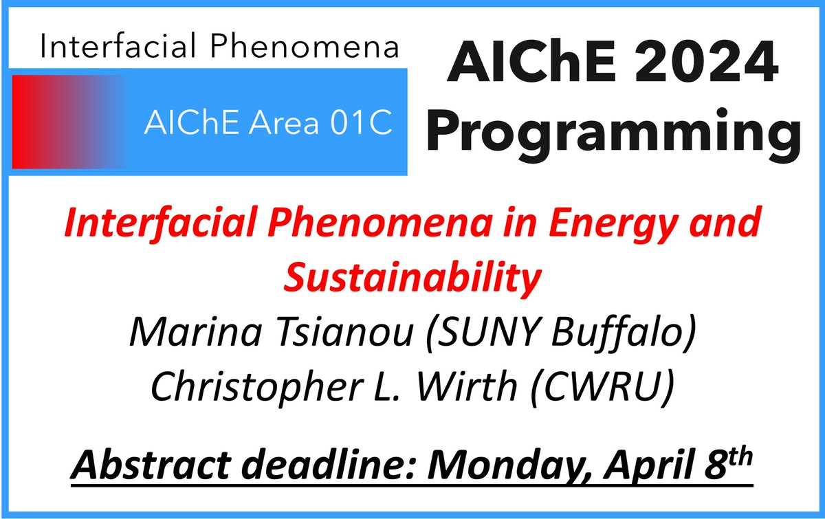 wirthlab's tweet image. Check it out👇👇 - #AIChE24 abstract submission is now open! Consider submitting to an @AIChEInterface session. 

@ubcbe11 Marina Tsianou and I are co-chairing a session in Interfacial Phenomena in #Energy and #Sustainability!