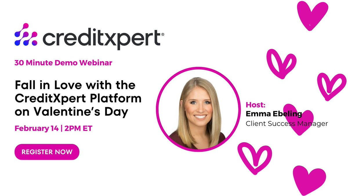 CreditXpert's tweet photo. Fall in love with the new CreditXpert Platform — Emma Ebeling on Valentine’s Day at 2PM, to discover the top 5 new features and use cases that you’ll be head over heels for!
Click here to register, hope to see you there: https://t.co/vNf0YQAXYE 
#creditoptimization #mortgage https://t.co/uaPV0hYQIQ