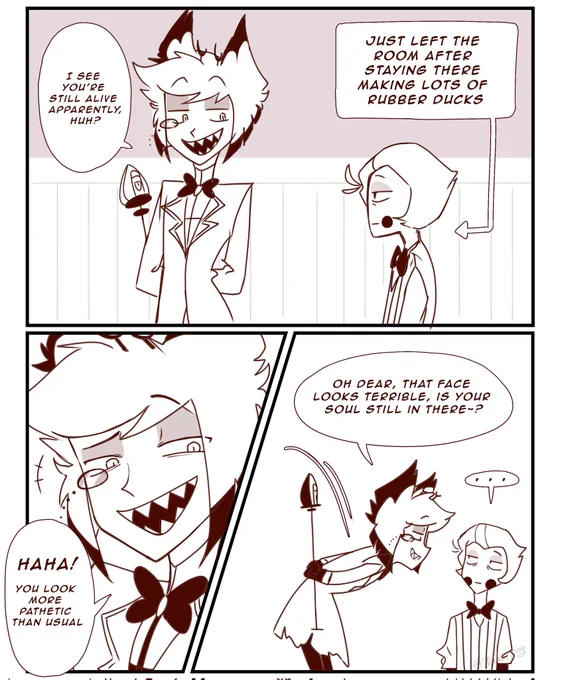 Tired- (part 1/?)

I got the idea to make this comic!
(still haven't gotten to the main story because I've only finished making three pages for now TvT)
#radioapple #HazbinHotelAlastor #LuciferMorningstar 