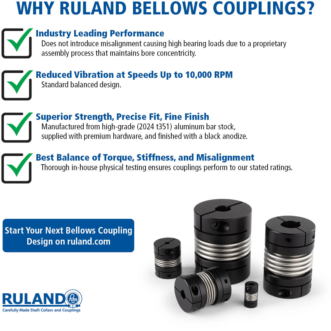 Ruland_Mfg's tweet image. #Ruland bellows couplings are lightweight, low-inertia couplings with a long, maintenance-free lifespan thanks to their combination of aluminum hubs and stainless steel bellows. #Semiconductor #SolarApplications. ow.ly/joHu50QmAc1