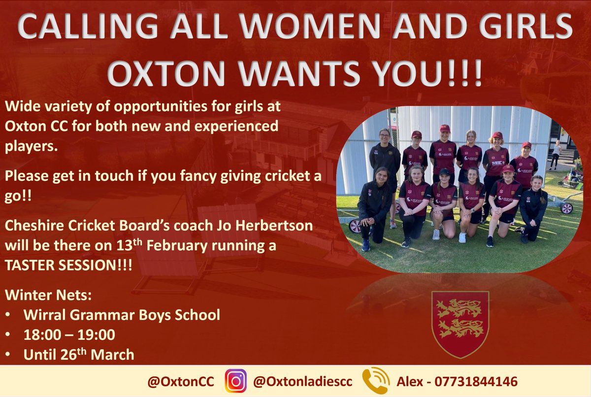 Are you interested in cricket? Oxton CC are running nets every Tuesday until 26th March! Cheshire Cricket Board’s Jo Herbertson will be running a taster session this Tuesday! Please get in touch if interested! All sessions are at Wirral boys school 6-7pm.