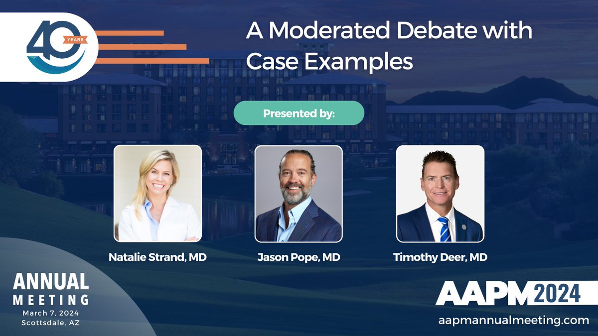 Get ready for a session on March 8 that sparks discussion at #AAPM2024! 🌟 @DrNatStrand @DrJasonPope and @Doctdeer will tackle intriguing case examples of pain medicine and management. Register for the meeting & join the discussion at: aapmannualmeeting.com #HealthcareDebate