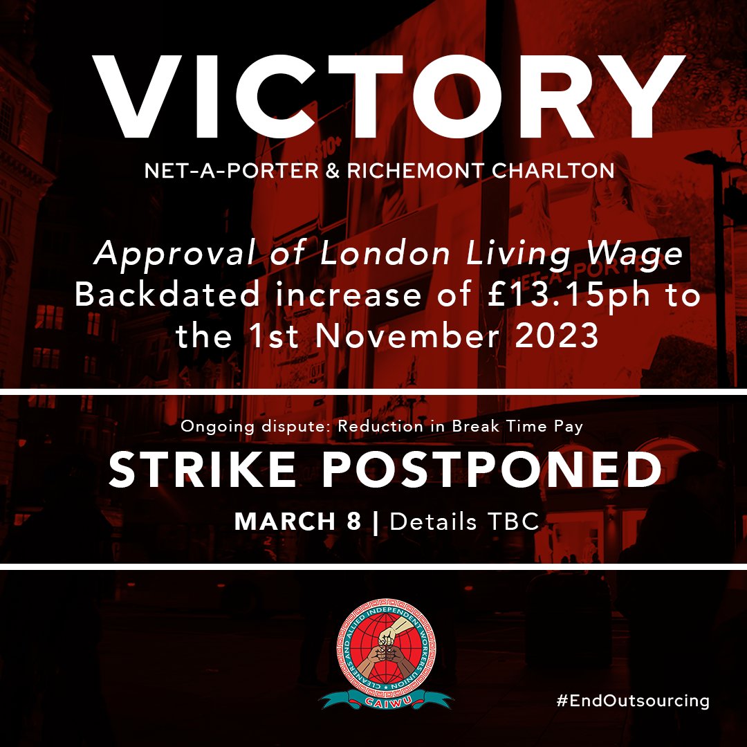 caiwuunion's tweet photo. A win for our members at @NETAPORTER @ynap! LLW has been conceded with backdated payments to Nov/23. 

Disputes ongoing with outsourcing management @Mitie on break time pay. Fight won't stop until our members are treated fairly and with dignity #Justice4Cleaners #EndOutsourcing https://t.co/Eg6kdwl19j