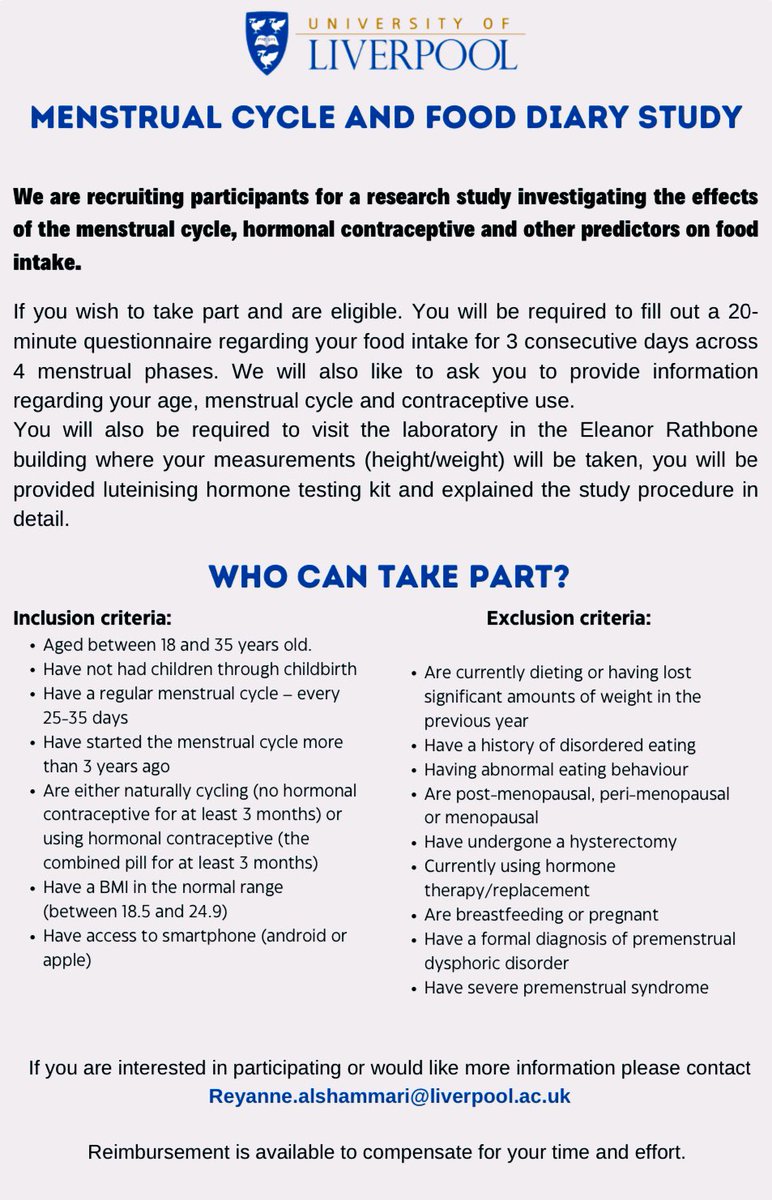 New study! 

We are recruiting participants for research investigating the effects of the menstrual cycle on food intake. 

Please read the inclusion/exclusion criteria and contact the email below if you are eligible and interested! 

Thank you!