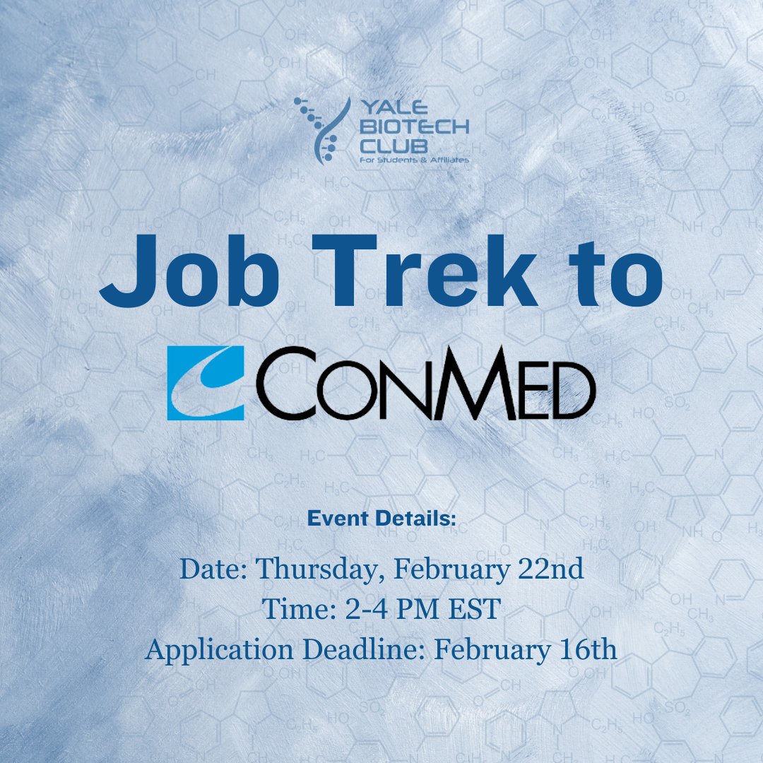 The Yale Biotech Club invites you to join them for an on-site visit to CONMED and learn about the diverse opportunities available in medical technology industry. Apply here: docs.google.com/forms/d/e/1FAI…