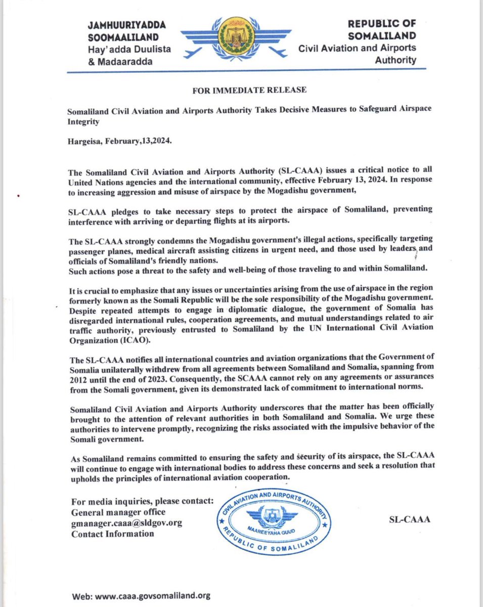 #Somaliland Civil Aviation and Airports authority announced historic decision to safeguard its airspace by deciding to manage it on its own!