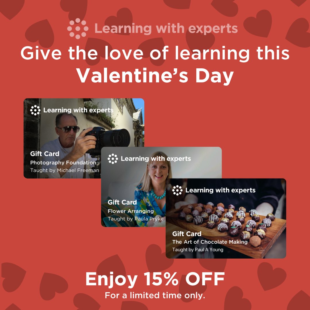 Celebrate Valentine's Day with 15% off select courses at Learning With Experts learningwithexperts.com/valentines! Act fast, as this offer is available for a limited time only! Gift love and learning this season. #ValentinesDay #LearnTogether #Discount #learningwithexperts