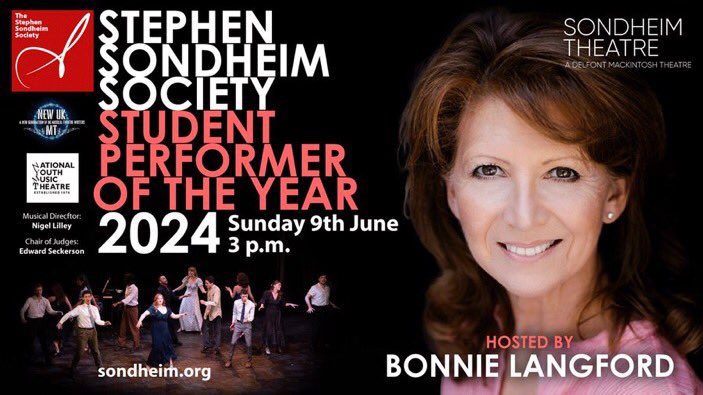 The sensational @bonnie_langford will be hosting @SondheimSociety’s #SSSSPOTY competition on Sunday the 9th of June from 3pm at the Sondheim Theatre, Tickets will be on sale soon!, You can find out more information about the event here!, sondheimsociety.com/2024